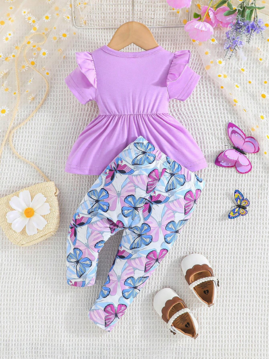 Baby Girl Summer Bow Detail Ruffle Trim Top And Butterfly Printed Pants