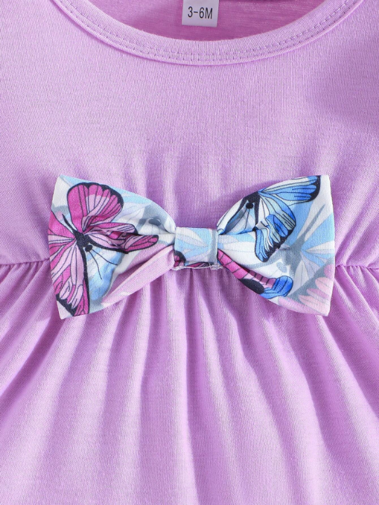 Baby Girl Summer Bow Detail Ruffle Trim Top And Butterfly Printed Pants