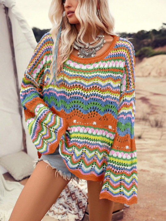 Women's Colorful Wave Pattern Drop Shoulder Sweater, Perfect For Vacation