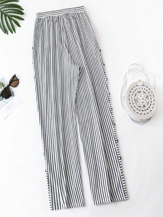 LUNE Women's Fashionable High Waist Button-Fly Vertical Striped Pants