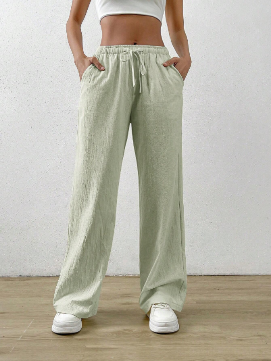 EZwear Apricot Cotton And Linen Loose Straight Drawstring Waist Slant Pocket Pants