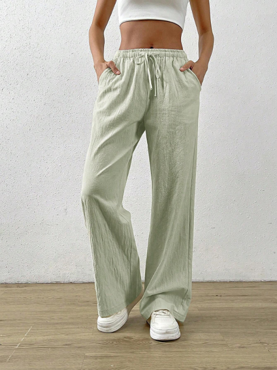 EZwear Apricot Cotton And Linen Loose Straight Drawstring Waist Slant Pocket Pants