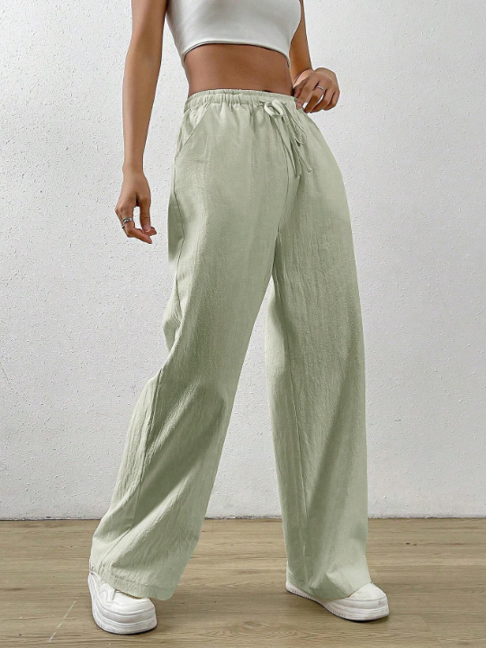 EZwear Apricot Cotton And Linen Loose Straight Drawstring Waist Slant Pocket Pants