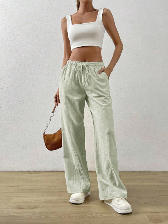 EZwear Apricot Cotton And Linen Loose Straight Drawstring Waist Slant Pocket Pants