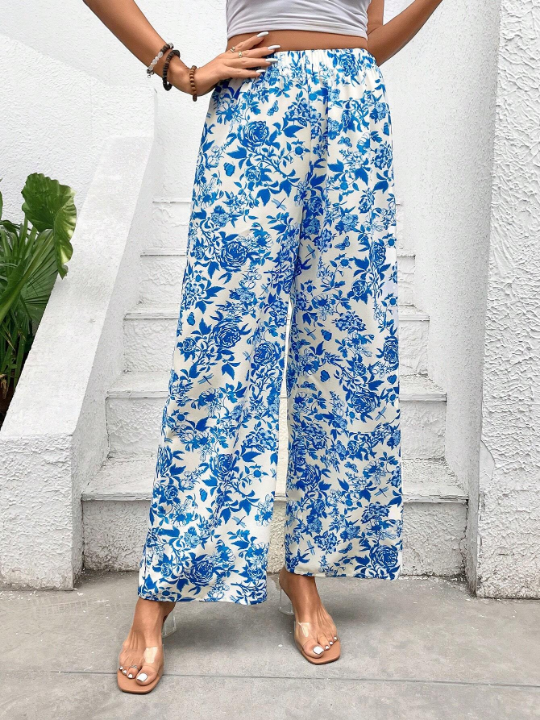 VCAY Women's Floral Printed Vacation Style Straight Leg Pants