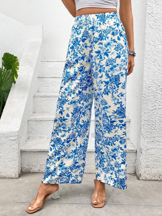 VCAY Women's Floral Printed Vacation Style Straight Leg Pants