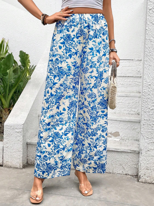 VCAY Women's Floral Printed Vacation Style Straight Leg Pants