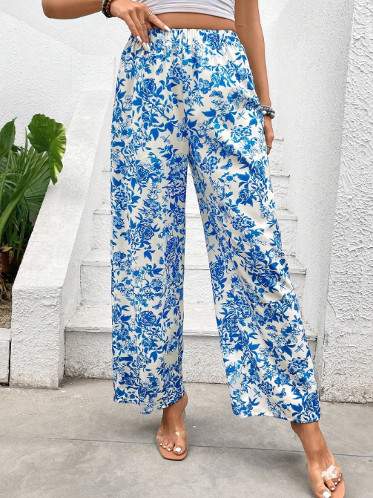 VCAY Women's Floral Printed Vacation Style Straight Leg Pants