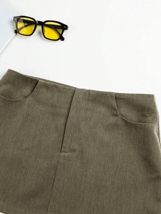 Qutie Woven Solid Color Skirt With Diagonal Pockets For Casual Wear