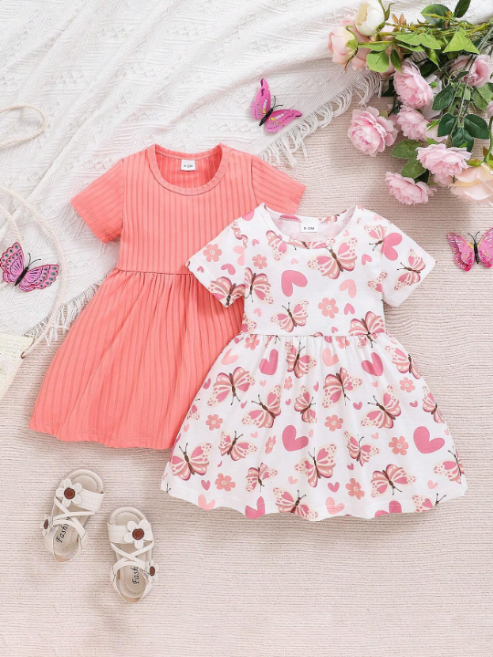 2pcs/Set Spring Baby Girls' Solid Color Dress With Butterfly, Heart & Flower Prints