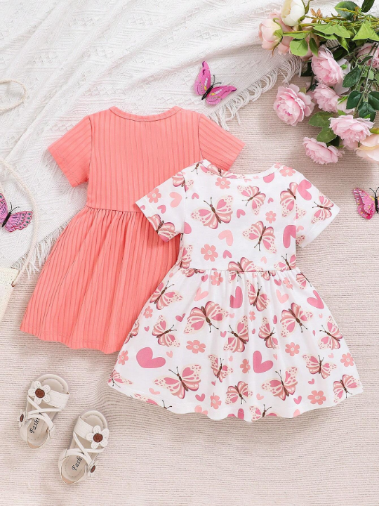 2pcs/Set Spring Baby Girls' Solid Color Dress With Butterfly, Heart & Flower Prints