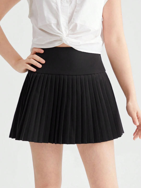 Teen Girls' Knitted Solid Color Casual Skirt With Anti-Light Shorts Inside And Pleated Design