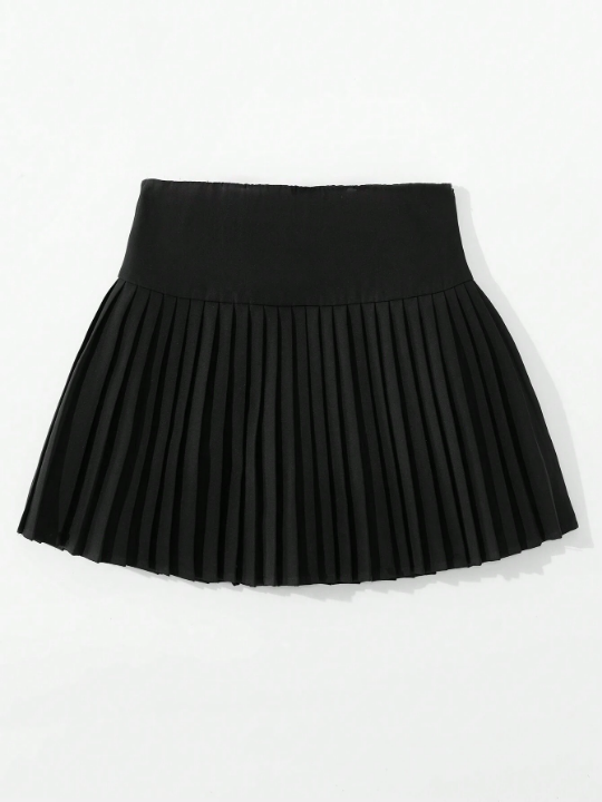 Teen Girls' Knitted Solid Color Casual Skirt With Anti-Light Shorts Inside And Pleated Design