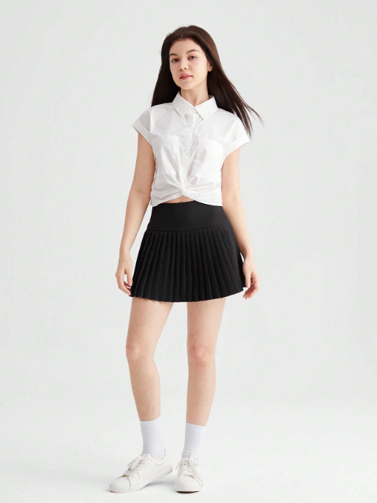 Teen Girls' Knitted Solid Color Casual Skirt With Anti-Light Shorts Inside And Pleated Design