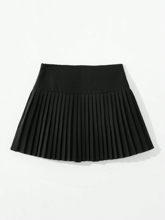 Teen Girls' Knitted Solid Color Casual Skirt With Anti-Light Shorts Inside And Pleated Design