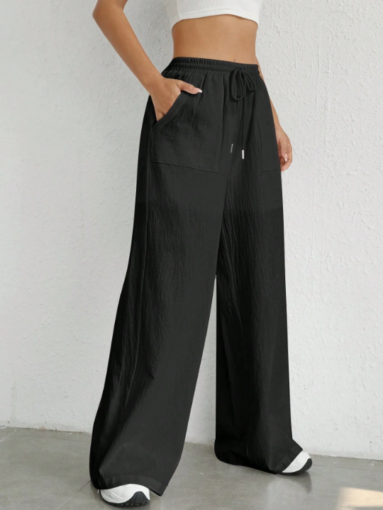 EZwear Summer Outfit Drawstring Waist Wide Leg White Pants