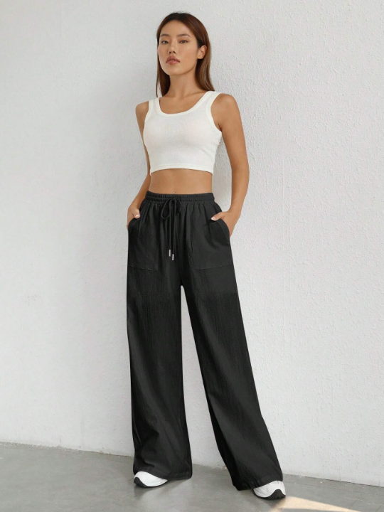 EZwear Summer Outfit Drawstring Waist Wide Leg White Pants