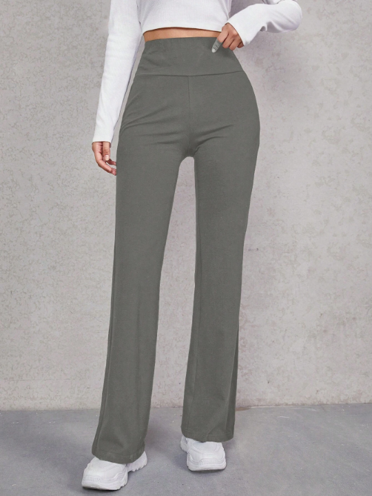 EZwear Solid Wideband Waist Flare Leg Pants