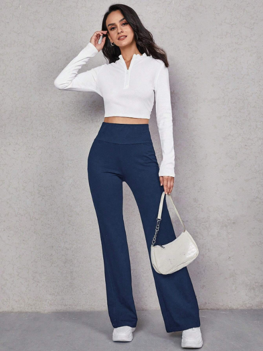 EZwear Spring And Summmer Blue Wide Waistband Flare Leg Sports Long Pants