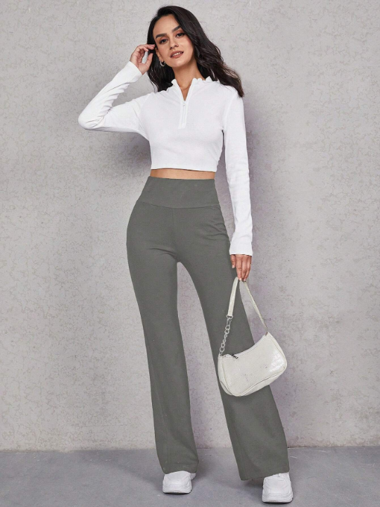 EZwear Solid Wideband Waist Flare Leg Pants