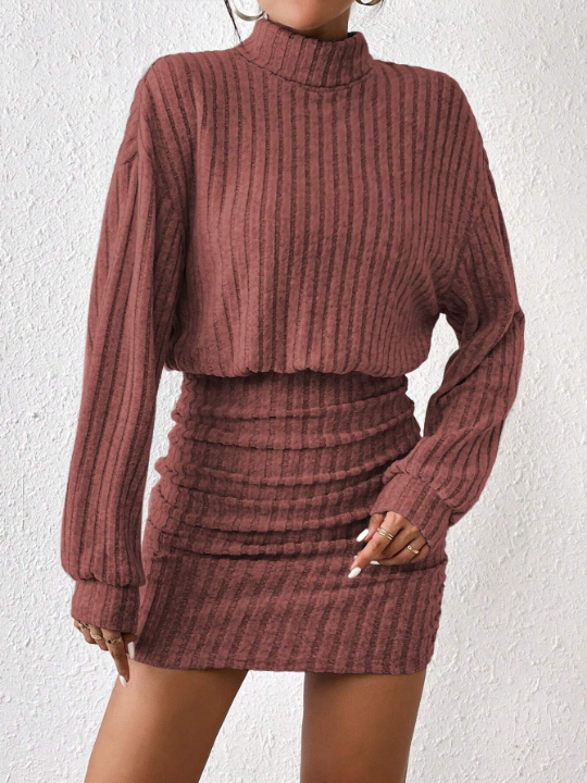 Frenchy Women's Stand Collar Ribbed Knit Sweater Textured Fabric Dress