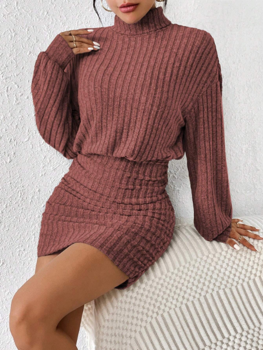 Frenchy Women's Stand Collar Ribbed Knit Sweater Textured Fabric Dress