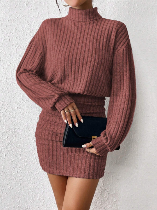 Frenchy Women's Stand Collar Ribbed Knit Sweater Textured Fabric Dress