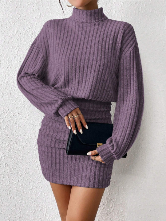 Frenchy Women's Stand Collar Ribbed Knit Sweater Textured Fabric Dress