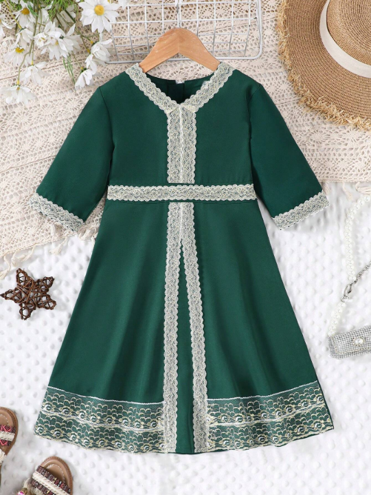 Baby Girl Embroidered Lace Hem Long Sleeve Dress