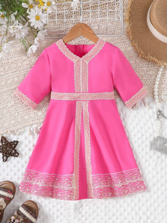 Pink And Gold Embroidery Lace Long Baby Girl Dress