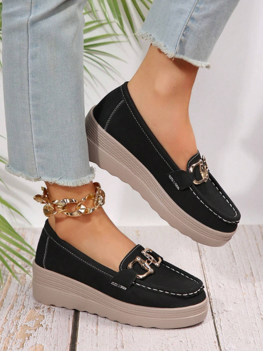 Women's Casual Sports Shoes With Comfortable Soft Bottom, Metallic Chain Decoration, Penny Loafers