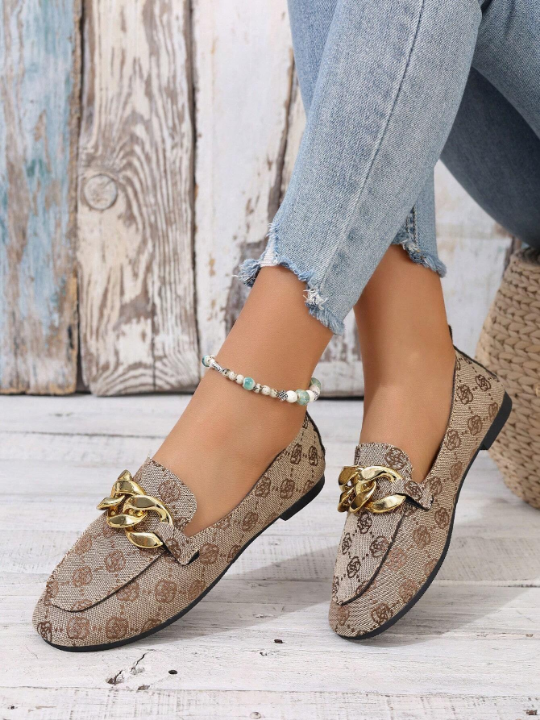 Women's Brown Embossed Metallic Chain Detailing Flat Shoes, All Seasons