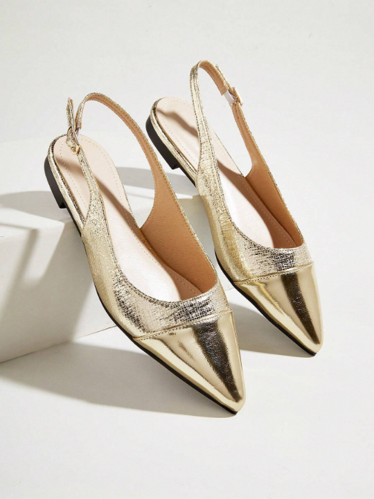 Color Block Flat Sandals Women's Shoes Metallic Gold Silver Pointed Toe Flat Pumps For Women