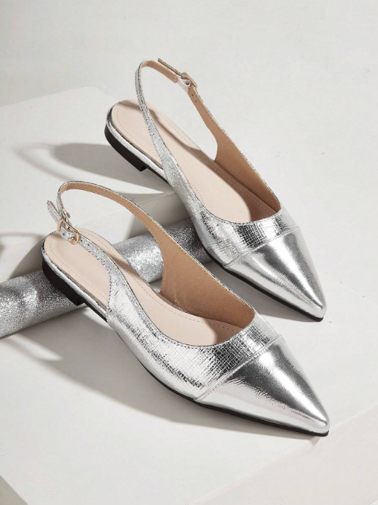 Two Tone Flat Sandals For Women, Fashionable Gold And Silver Flat Shoes With Pointed Toe And Covered Heel