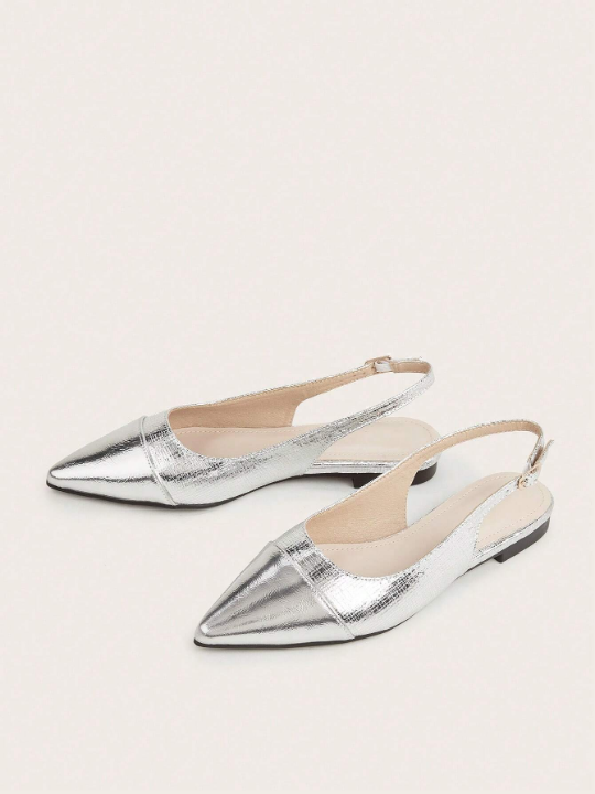 Two Tone Flat Sandals For Women, Fashionable Gold And Silver Flat Shoes With Pointed Toe And Covered Heel