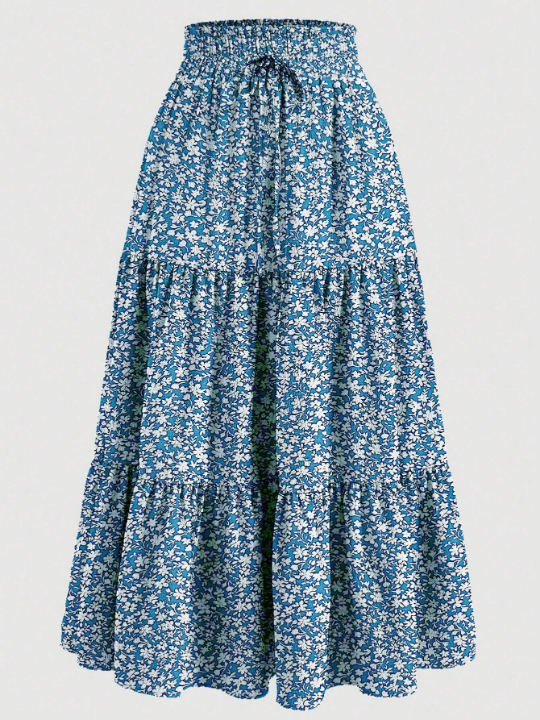 Floral Print Tiered Ruched Elastic Waist Vacation Skirts