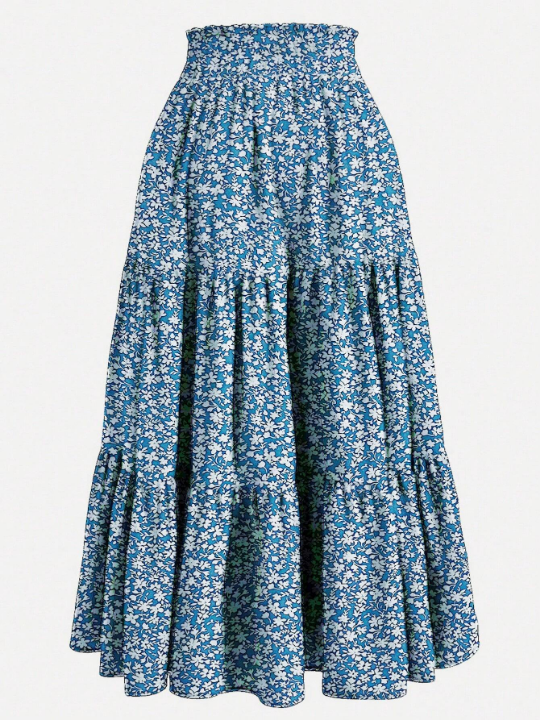 Floral Print Tiered Ruched Elastic Waist Vacation Skirts