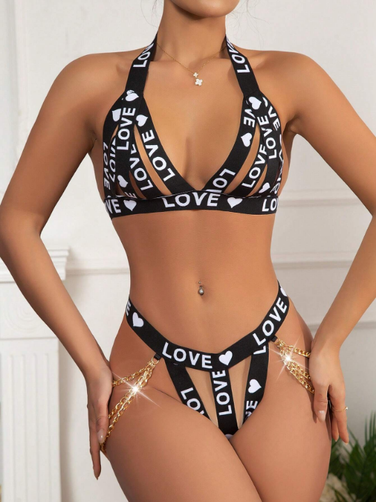 Letter Jacquard Ribbon & Metallic Chain Splicing Sexy Lingerie Set