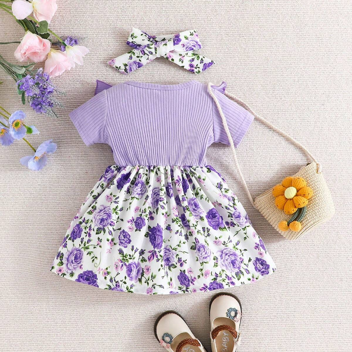 Summer Baby Girl's Short Sleeve Floral Printed Dress With Bowknot Decoration, Ruffle Hem And Headband