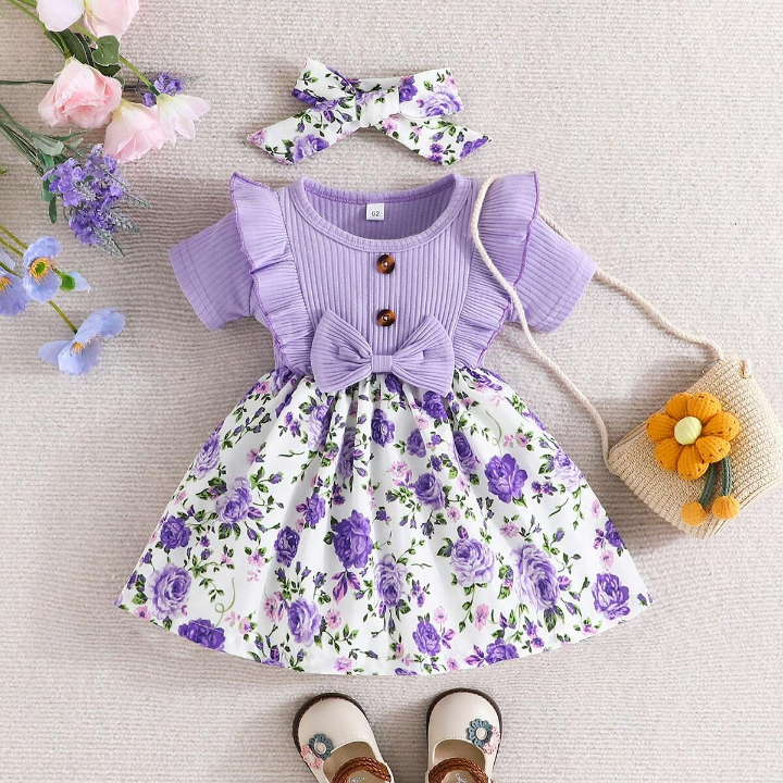 Summer Baby Girl's Short Sleeve Floral Printed Dress With Bowknot Decoration, Ruffle Hem And Headband