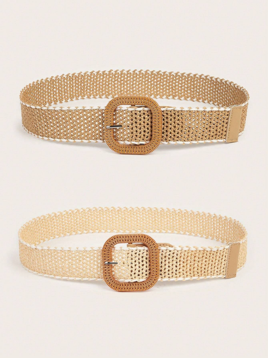 2pcs Bohemian Hollow Out Braided Straw Belt Set With Resin Buckle, Matched With Casual Suits For Women