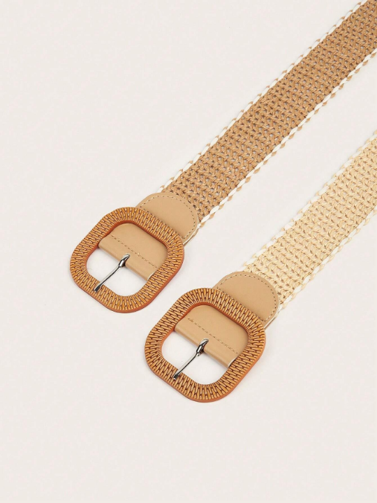 2pcs Bohemian Hollow Out Braided Straw Belt Set With Resin Buckle, Matched With Casual Suits For Women