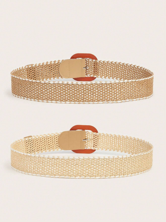 2pcs Bohemian Hollow Out Braided Straw Belt Set With Resin Buckle, Matched With Casual Suits For Women