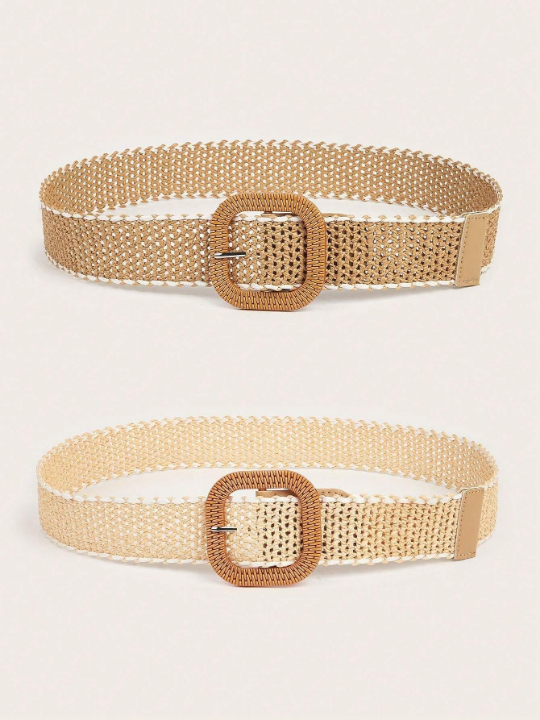 2pcs Bohemian Hollow Out Braided Straw Belt Set With Resin Buckle, Matched With Casual Suits For Women