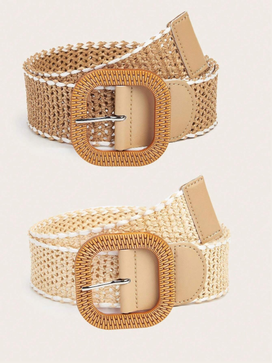 2pcs Bohemian Hollow Out Braided Straw Belt Set With Resin Buckle, Matched With Casual Suits For Women