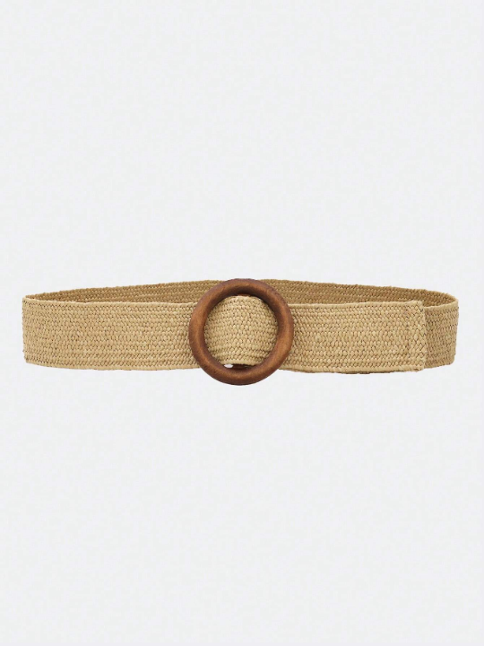 1pc Women's Elastic Belt With Circular Wood Buckle, Woven With Pp Straw, Beach Style Dress Waist Decoration