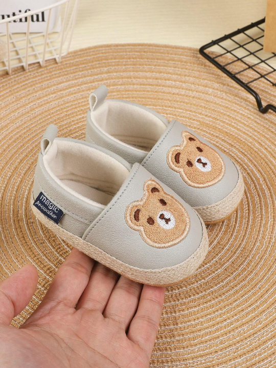 1pair Unisex Kids' Solid Color Bear Design Pu Elastic Band Flat Cartoon Slip-Resistant Comfortable All-Match Casual Sports Shoes, Suitable For Spring And Summer