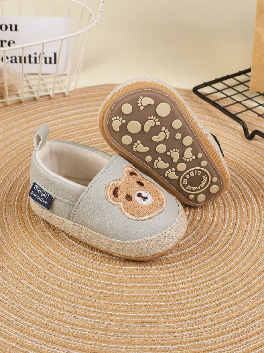 1pair Unisex Kids' Solid Color Bear Design Pu Elastic Band Flat Cartoon Slip-Resistant Comfortable All-Match Casual Sports Shoes, Suitable For Spring And Summer