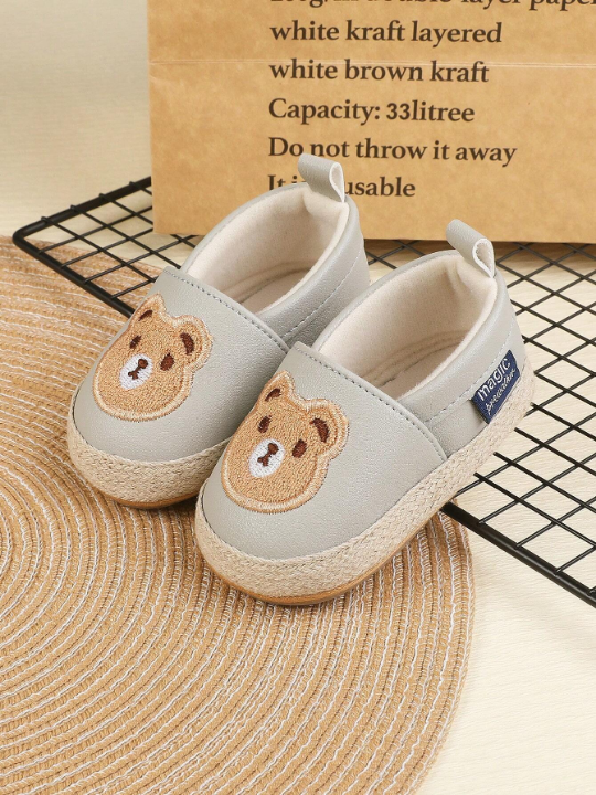 1pair Unisex Kids' Solid Color Bear Design Pu Elastic Band Flat Cartoon Slip-Resistant Comfortable All-Match Casual Sports Shoes, Suitable For Spring And Summer