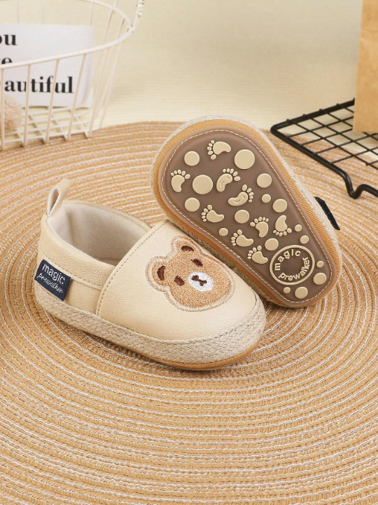 1pair Unisex Kid's Solid Color Bear Pattern Pu Sneakers With Elastic Design, Flat Non-Slip Sole, Cute Cartoon Style For Spring & Summer Casual Sports Use